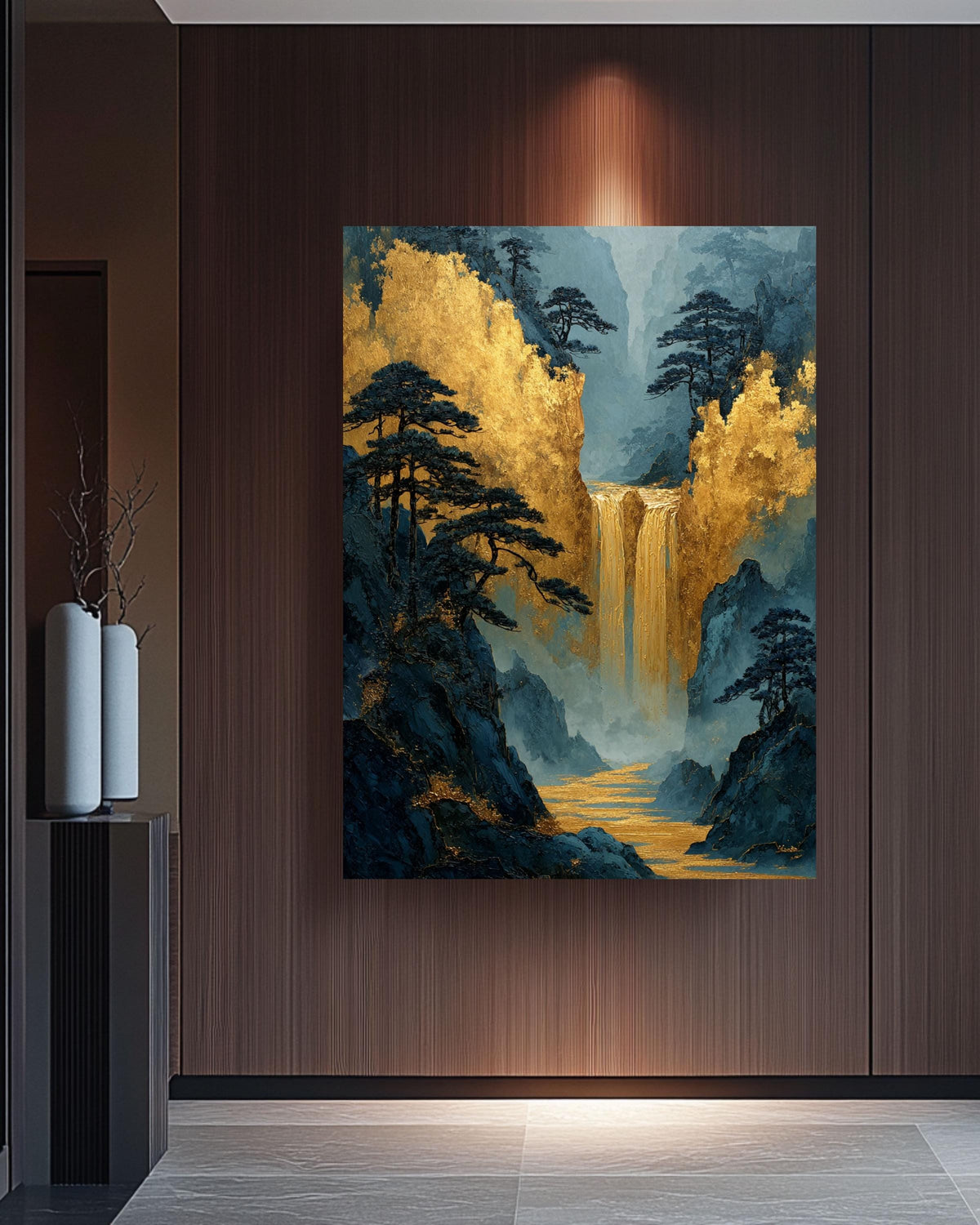 Gold Waterfall Canvas Print: Asian Mountain Temple Style Art