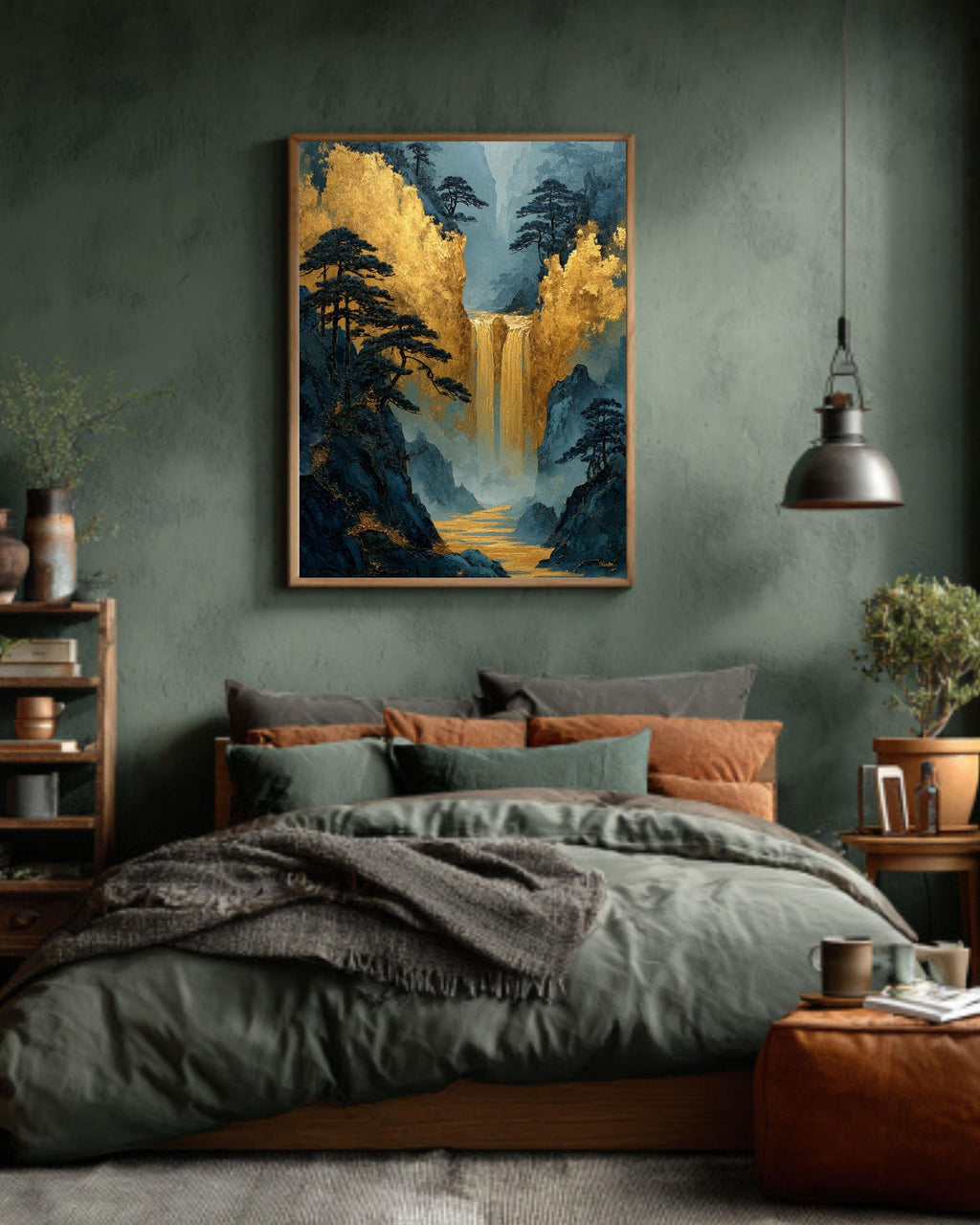 Gold Waterfall Canvas Print: Asian Mountain Temple Style Art