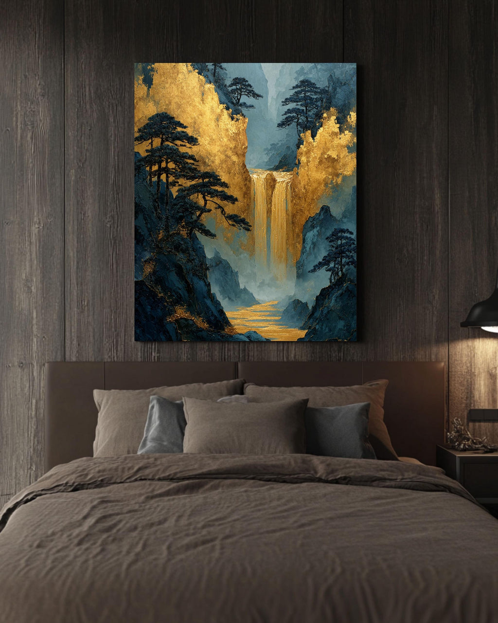 Gold Waterfall Canvas Print: Asian Mountain Temple Style Art