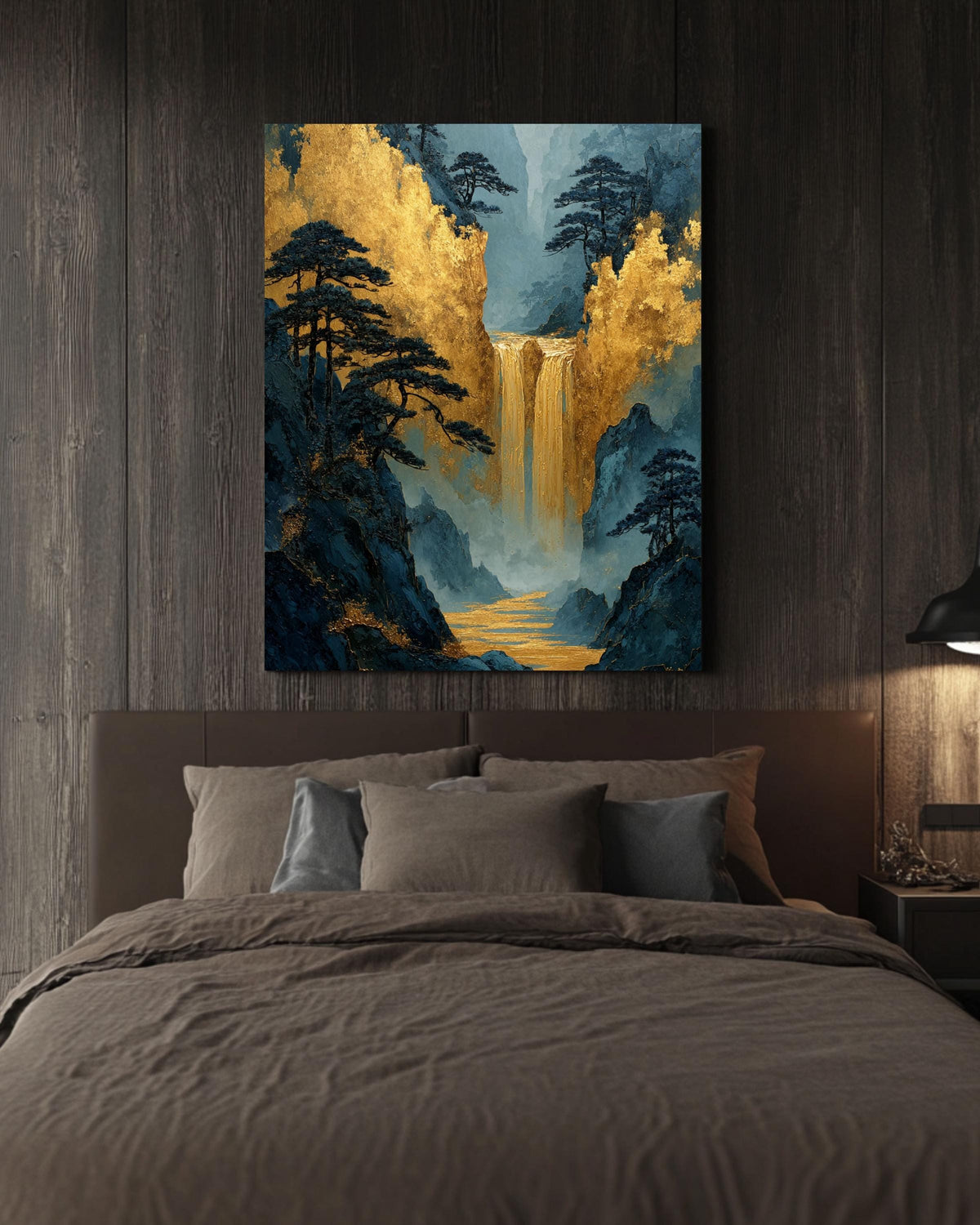 Gold Waterfall Canvas Print: Asian Mountain Temple Style Art
