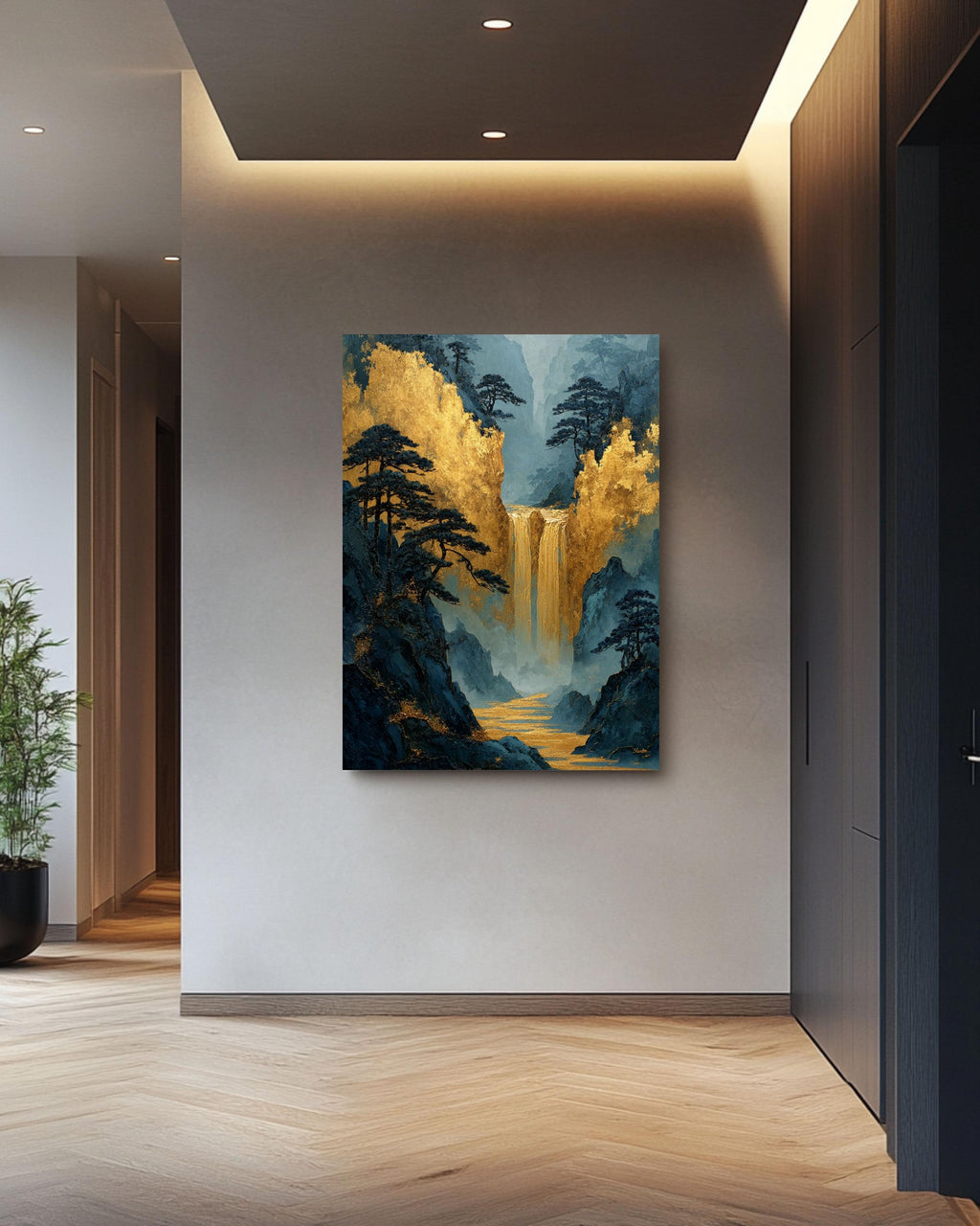 Gold Waterfall Canvas Print: Asian Mountain Temple Style Art