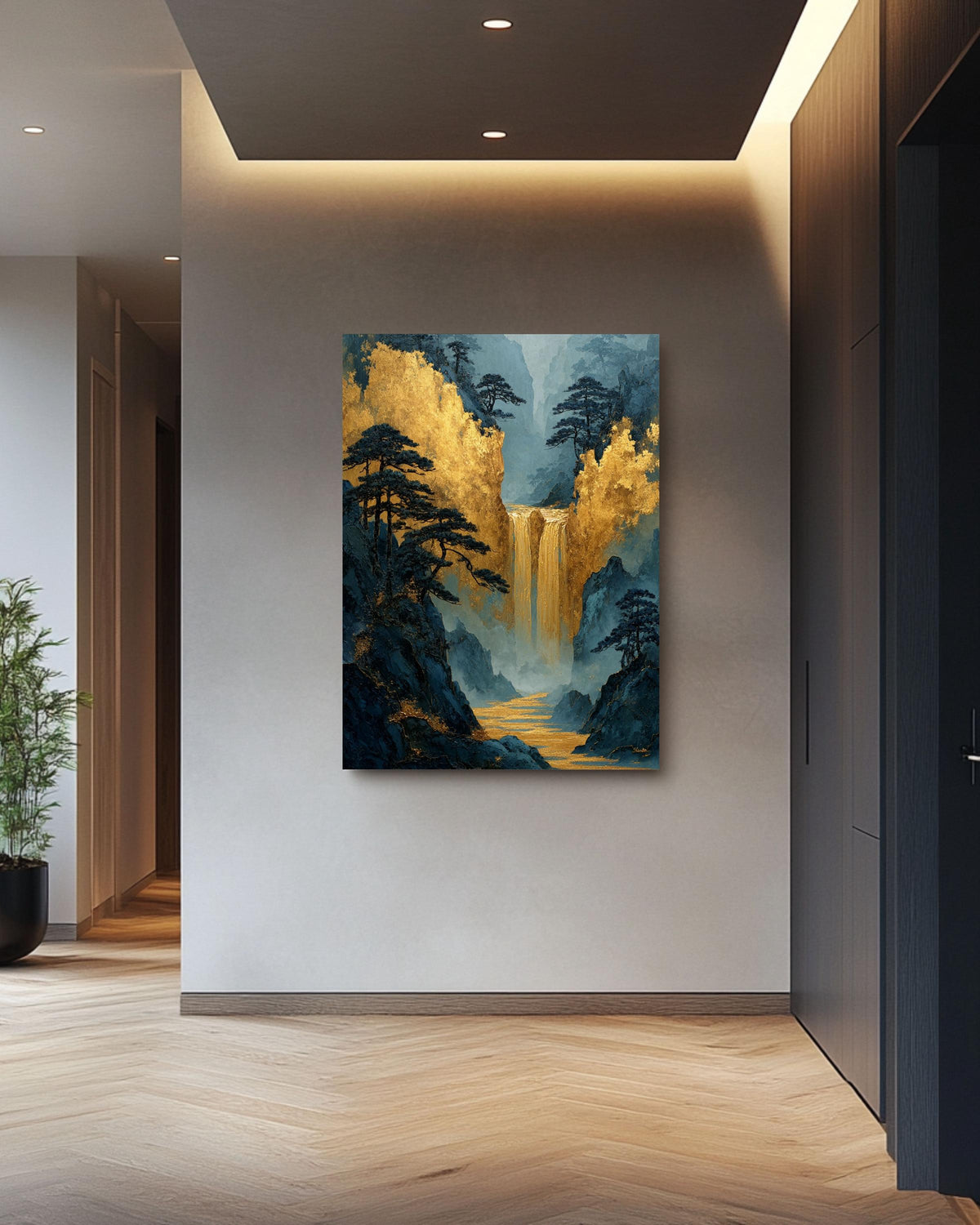 Gold Waterfall Canvas Print: Asian Mountain Temple Style Art