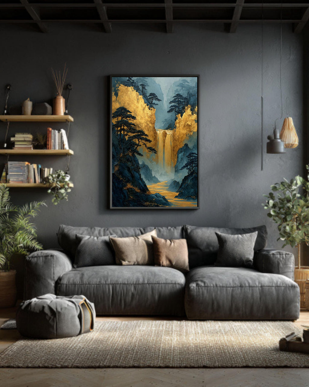Gold Waterfall Canvas Print: Asian Mountain Temple Style Art