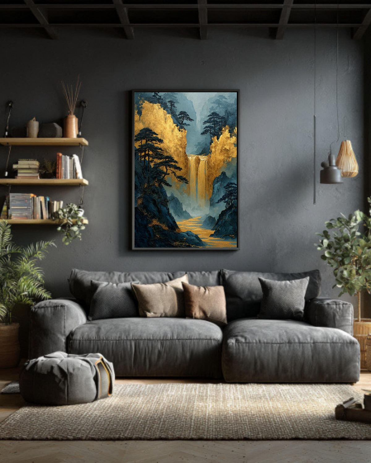 Gold Waterfall Canvas Print: Asian Mountain Temple Style Art