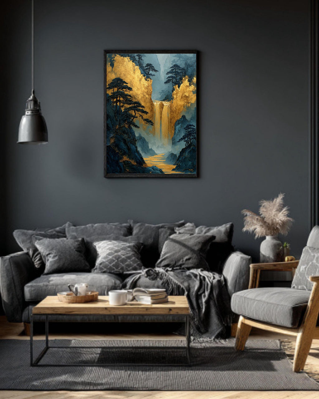 Gold Waterfall Canvas Print: Asian Mountain Temple Style Art
