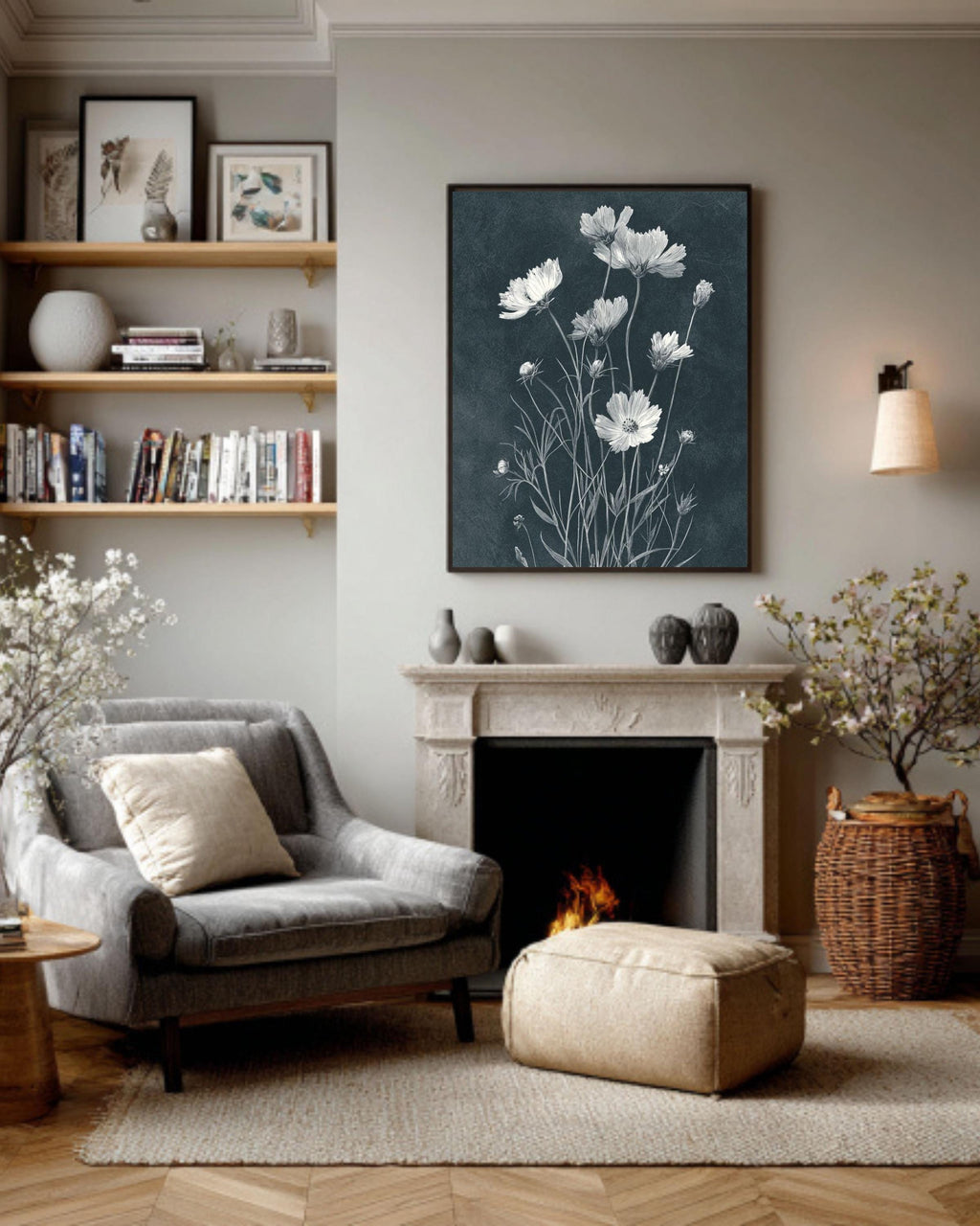 Black & White Wildflower Canvas Art: Minimalist Dark Academia Floral Print