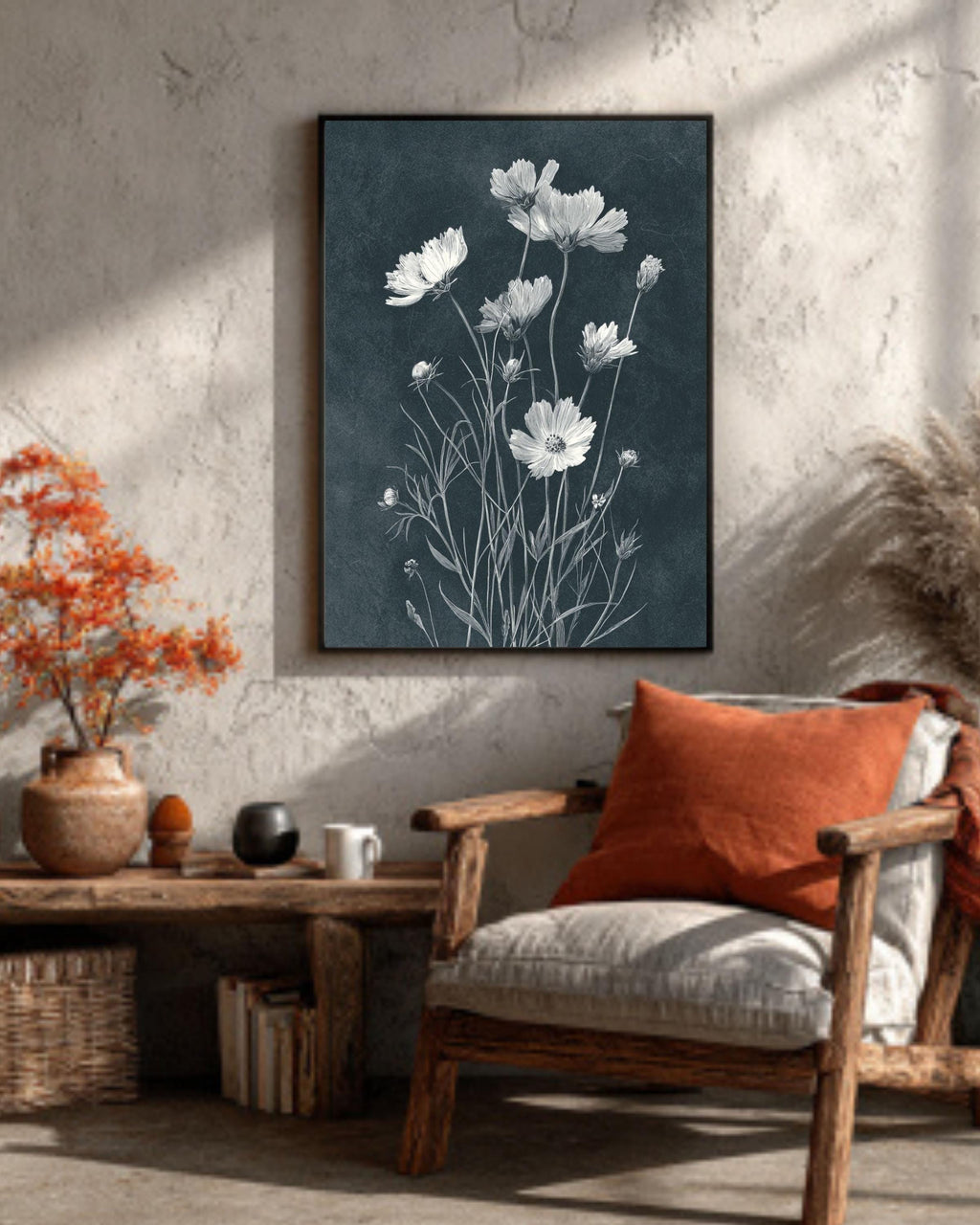 Black & White Wildflower Canvas Art: Minimalist Dark Academia Floral Print