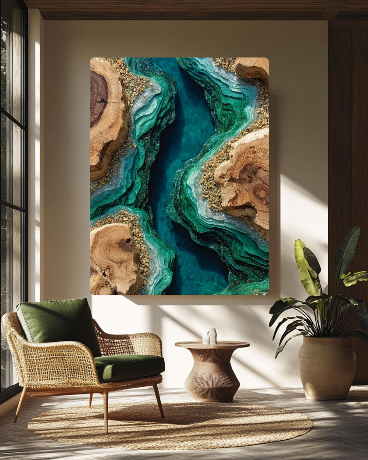 Emerald Resin River Wood Inspired Art Print: Abstract Geode Canvas Print Wall Decor
