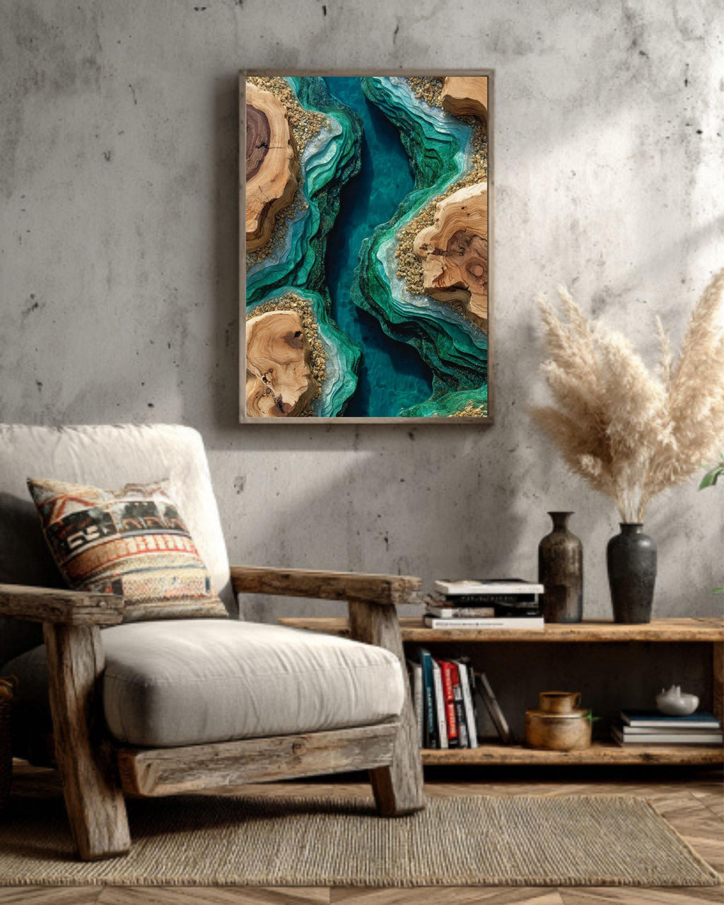 Emerald Resin River Wood Inspired Art Print: Abstract Geode Canvas Print Wall Decor