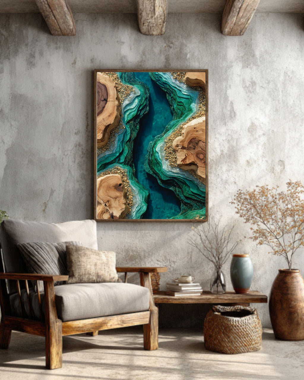 Emerald Resin River Wood Inspired Art Print: Abstract Geode Canvas Print Wall Decor