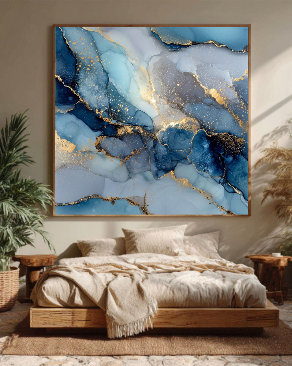 Gold & Navy Abstract Canvas Print: Fluid Alcohol Ink Marble Art