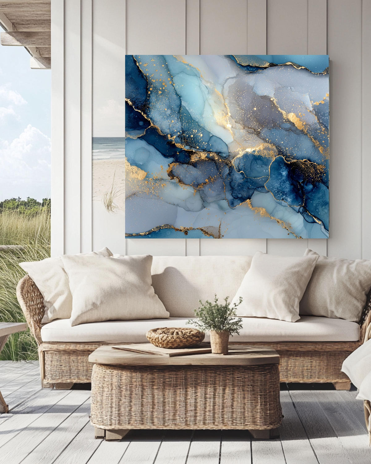 Gold & Navy Abstract Canvas Print: Fluid Alcohol Ink Marble Art