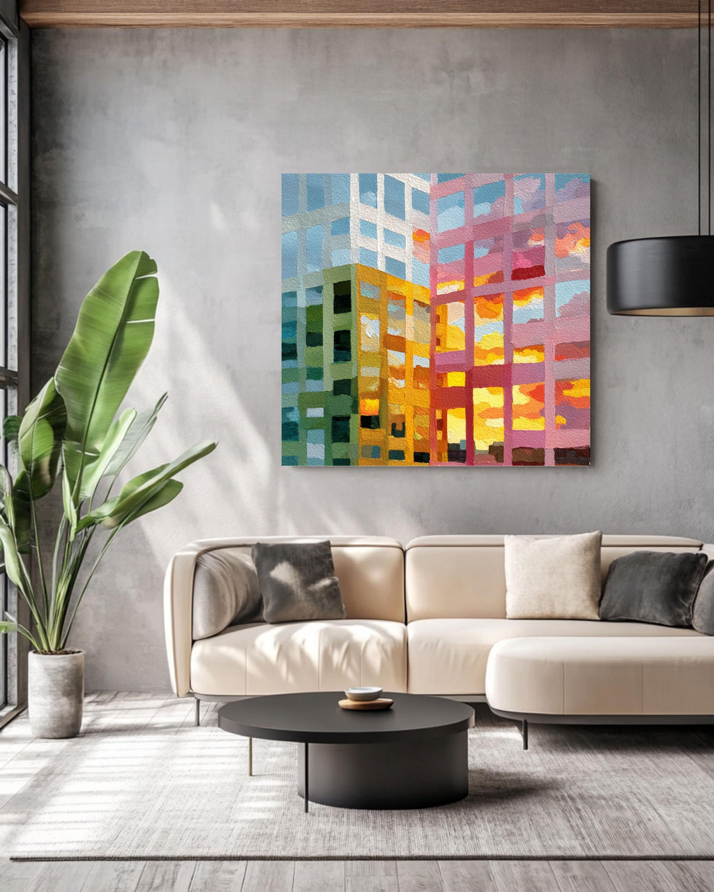 Abstract Cityscape Painting Canvas, Colorful Building Reflection Art, Modern Grid Architecture Print, Sunset Urban Wall Decor