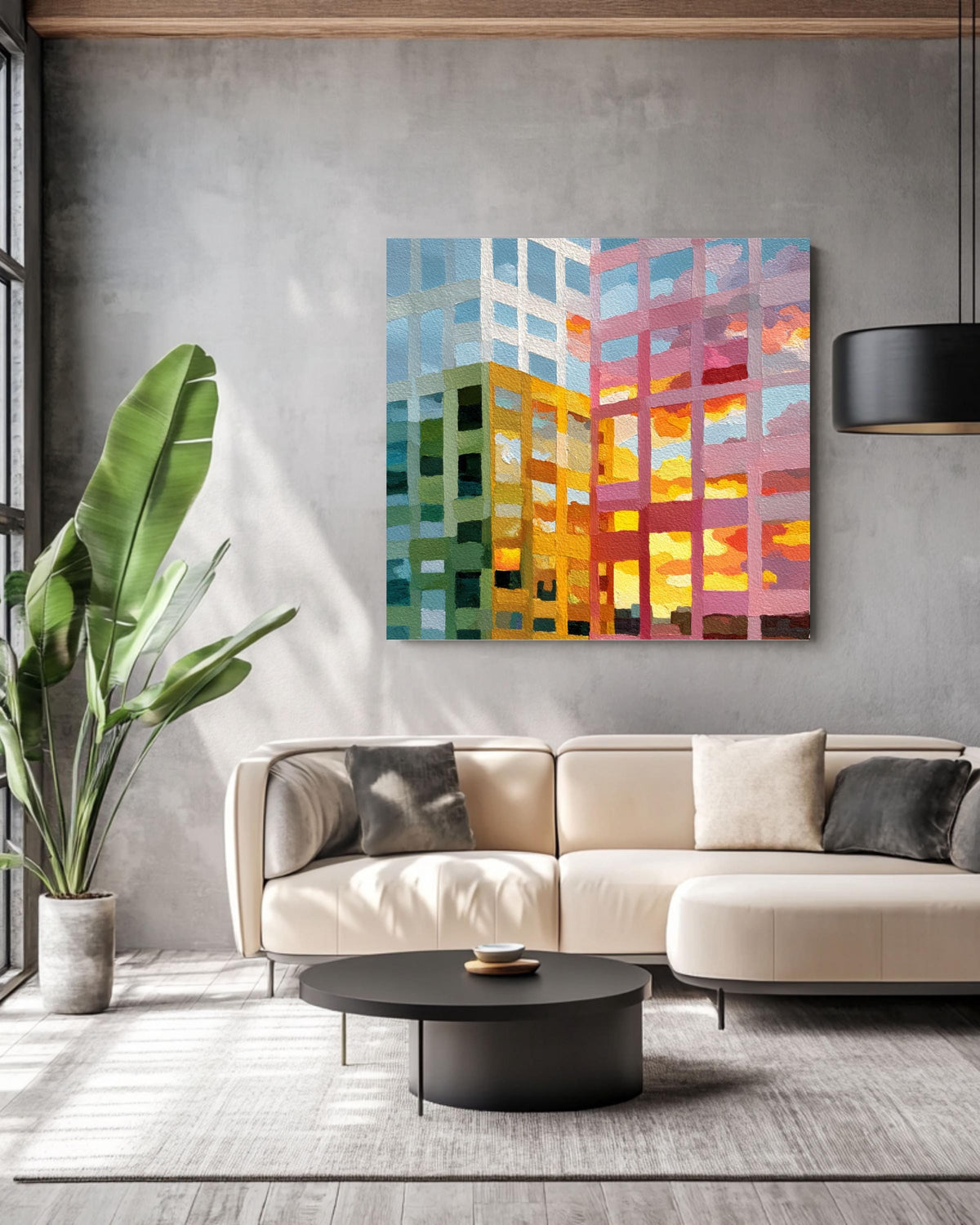 Abstract Cityscape Painting Canvas, Colorful Building Reflection Art, Modern Grid Architecture Print, Sunset Urban Wall Decor