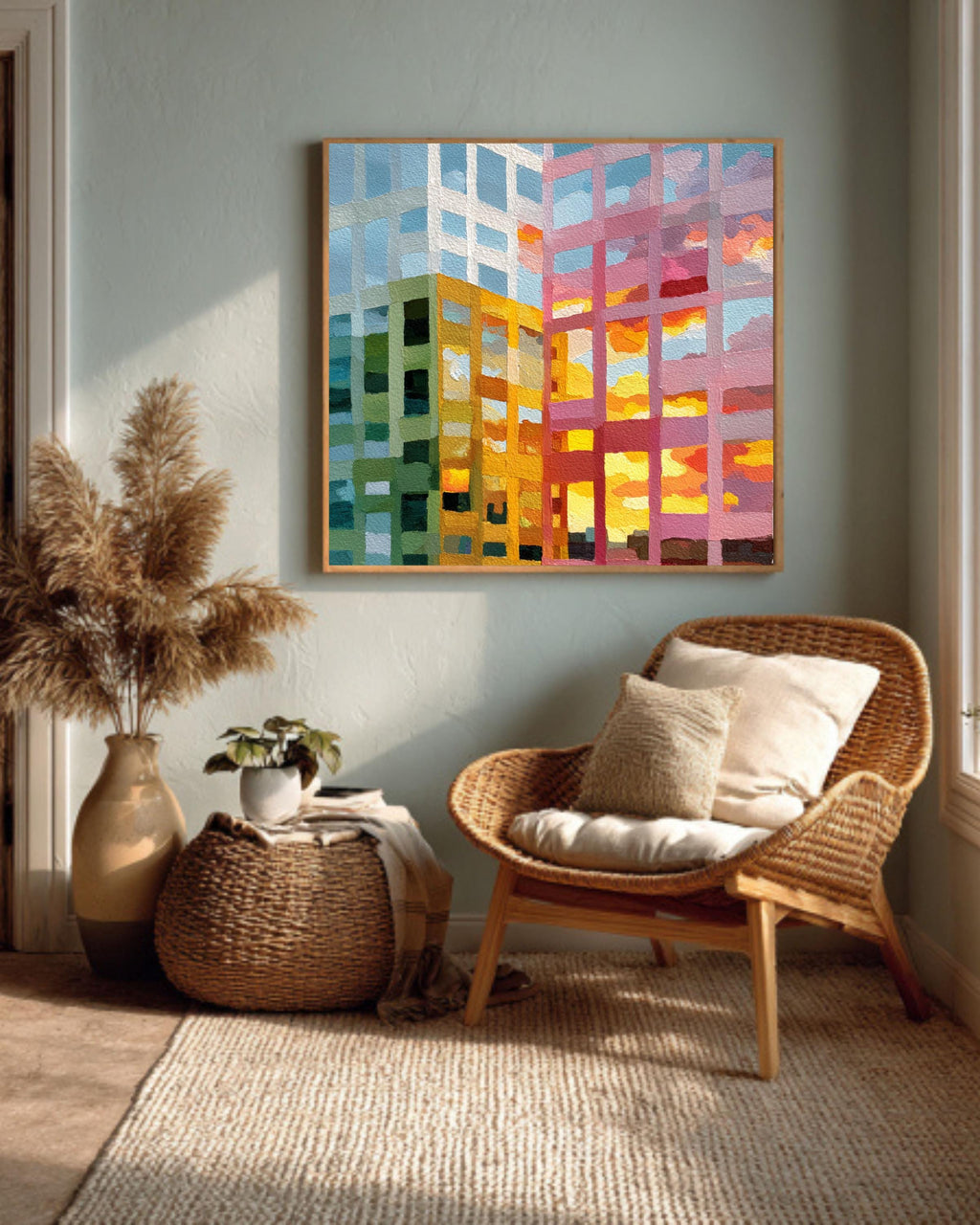 Abstract Cityscape Painting Canvas, Colorful Building Reflection Art, Modern Grid Architecture Print, Sunset Urban Wall Decor