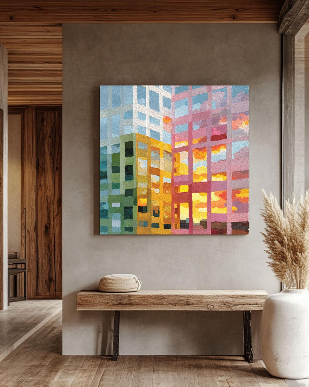 Abstract Cityscape Painting Canvas, Colorful Building Reflection Art, Modern Grid Architecture Print, Sunset Urban Wall Decor