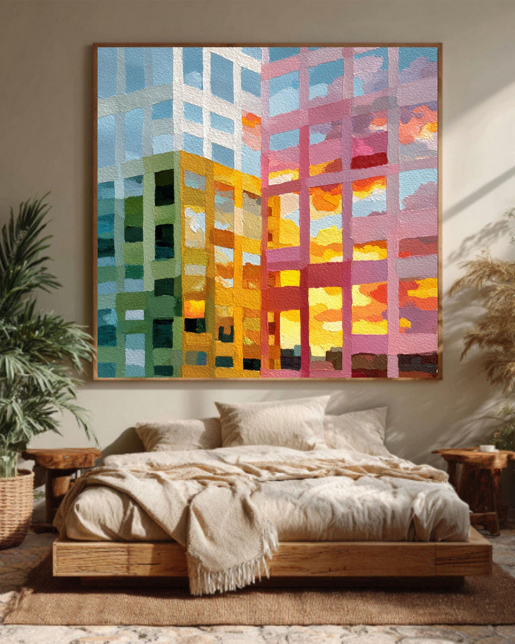 Abstract Cityscape Painting Canvas, Colorful Building Reflection Art, Modern Grid Architecture Print, Sunset Urban Wall Decor