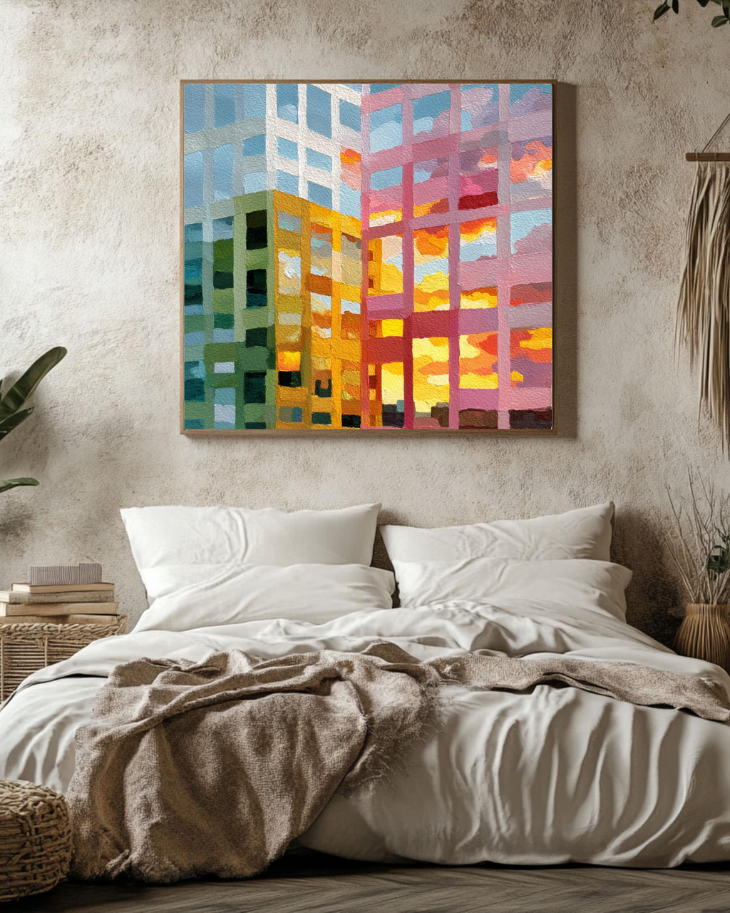 Abstract Cityscape Painting Canvas, Colorful Building Reflection Art, Modern Grid Architecture Print, Sunset Urban Wall Decor