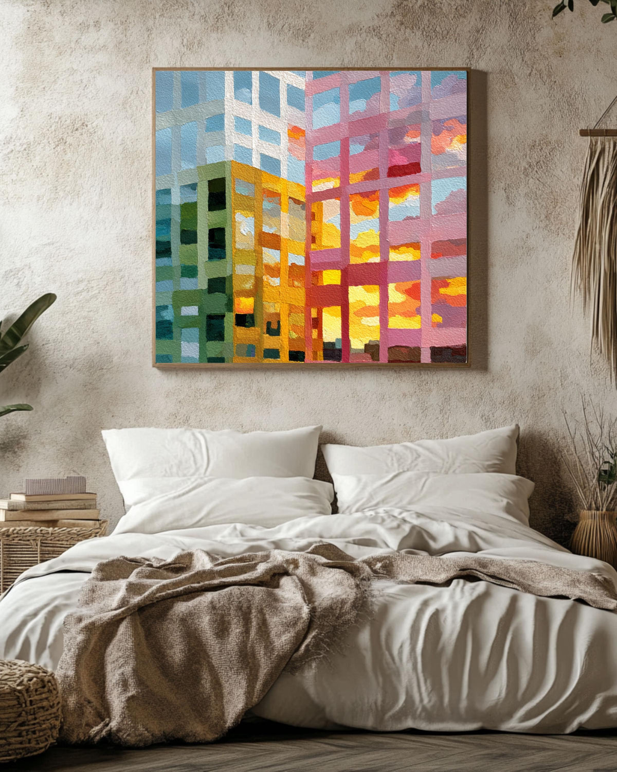 Abstract Cityscape Painting Canvas, Colorful Building Reflection Art, Modern Grid Architecture Print, Sunset Urban Wall Decor