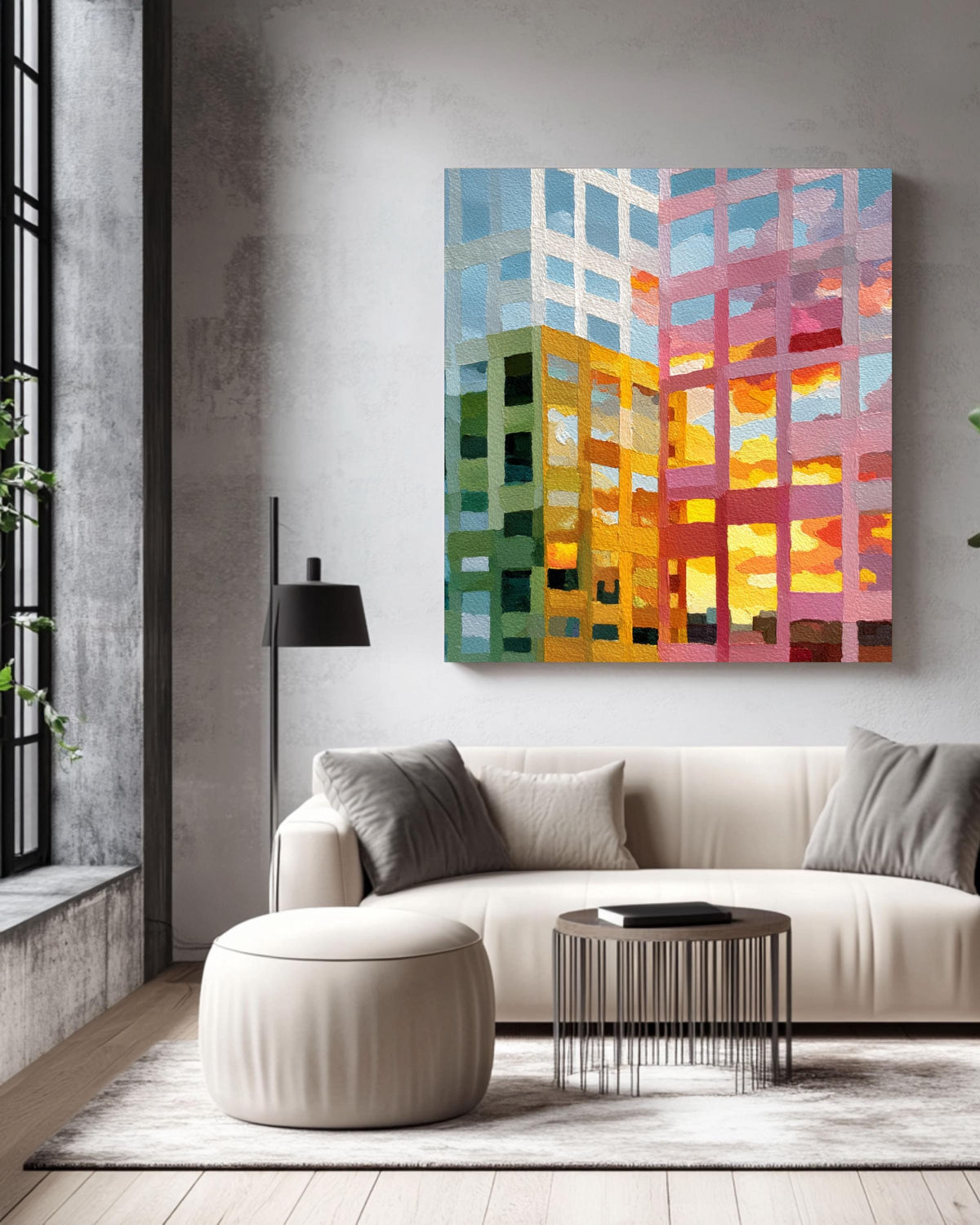 Abstract Cityscape Painting Canvas, Colorful Building Reflection Art, Modern Grid Architecture Print, Sunset Urban Wall Decor