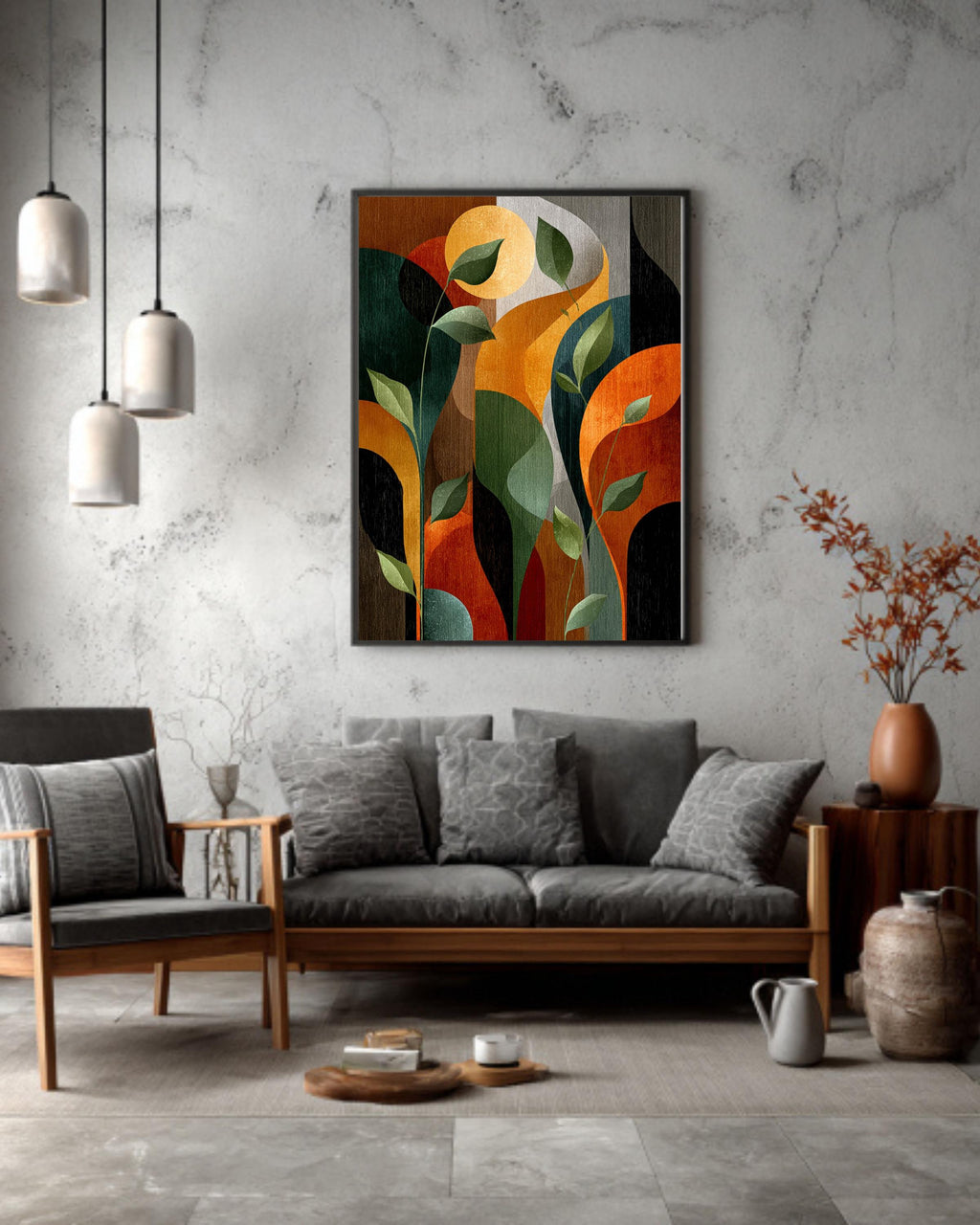 Abstract Art Deco Botanical Print, Mid-Century Modern Leaves Canvas, Earth Tone Geometric Art, Retro Style Wall Decor