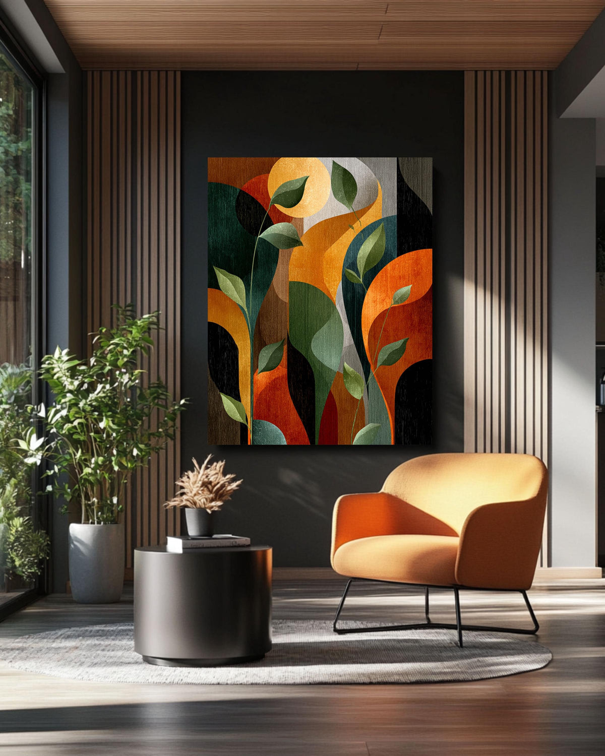 Abstract Art Deco Botanical Print, Mid-Century Modern Leaves Canvas, Earth Tone Geometric Art, Retro Style Wall Decor