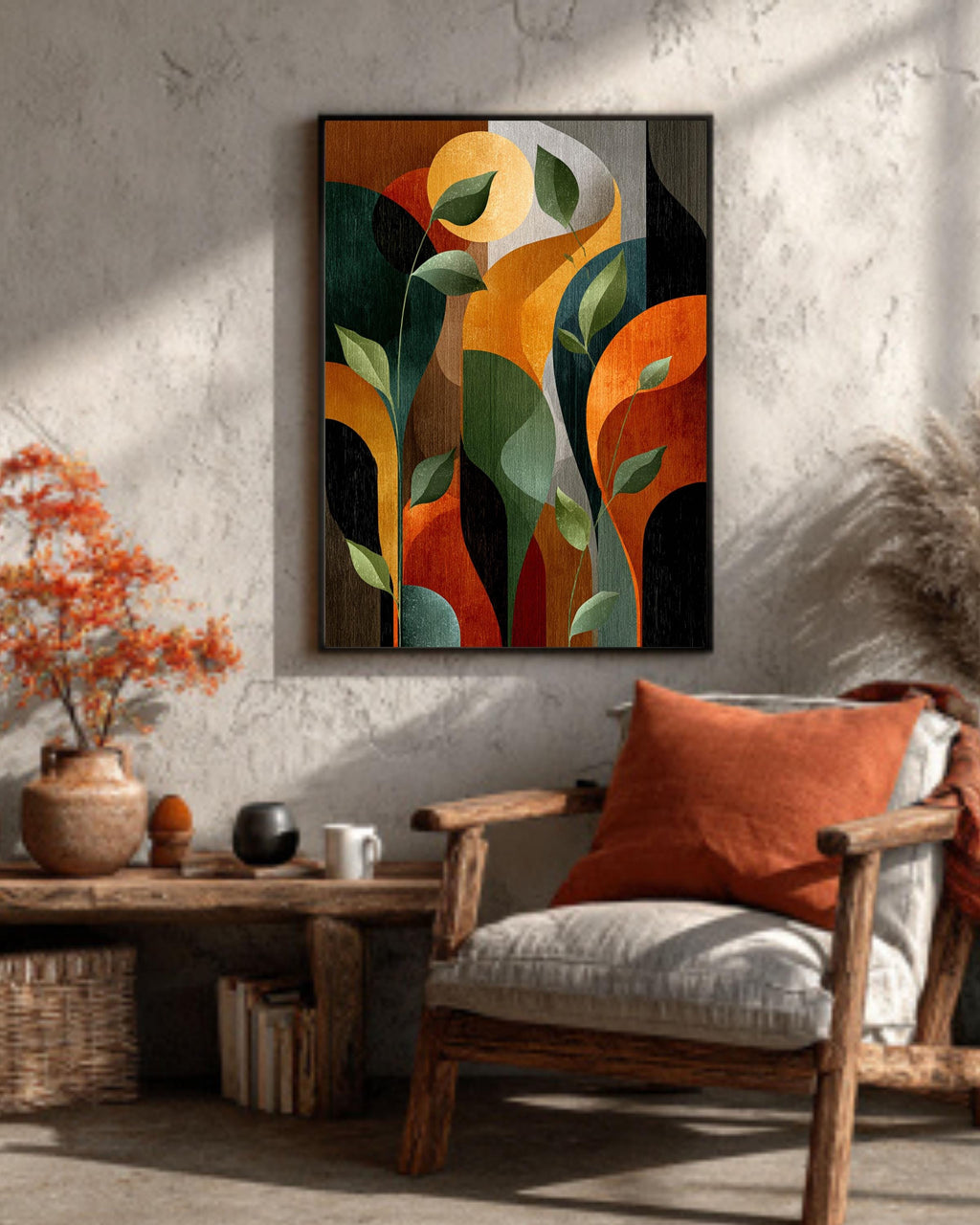 Abstract Art Deco Botanical Print, Mid-Century Modern Leaves Canvas, Earth Tone Geometric Art, Retro Style Wall Decor