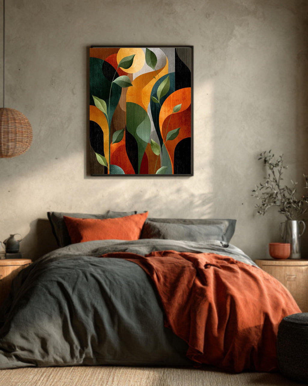 Abstract Art Deco Botanical Print, Mid-Century Modern Leaves Canvas, Earth Tone Geometric Art, Retro Style Wall Decor
