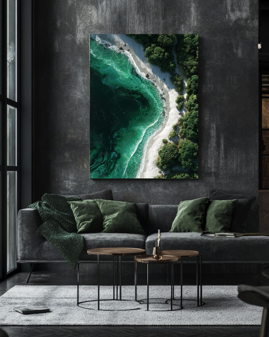 Aerial Tropical Beach Canvas, White Sand and Emerald Green Ocean Waves Print, Exotic Island Nature Wall Decor