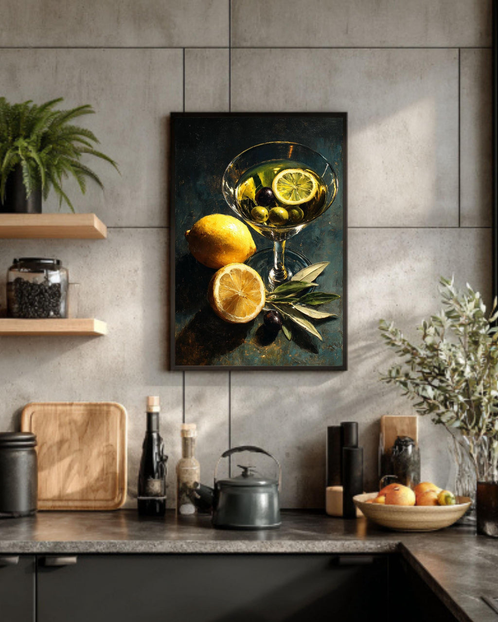 Classic Martini Still Life Oil Painting, Lemon and Olives Cocktail Art Canvas, Dark Modern Kitchen Bar Decor