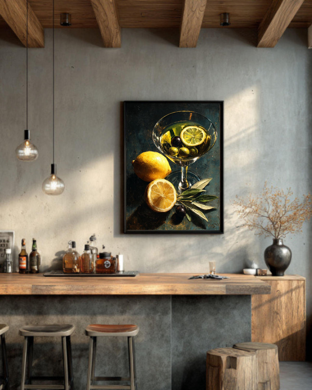 Classic Martini Still Life Oil Painting, Lemon and Olives Cocktail Art Canvas, Dark Modern Kitchen Bar Decor