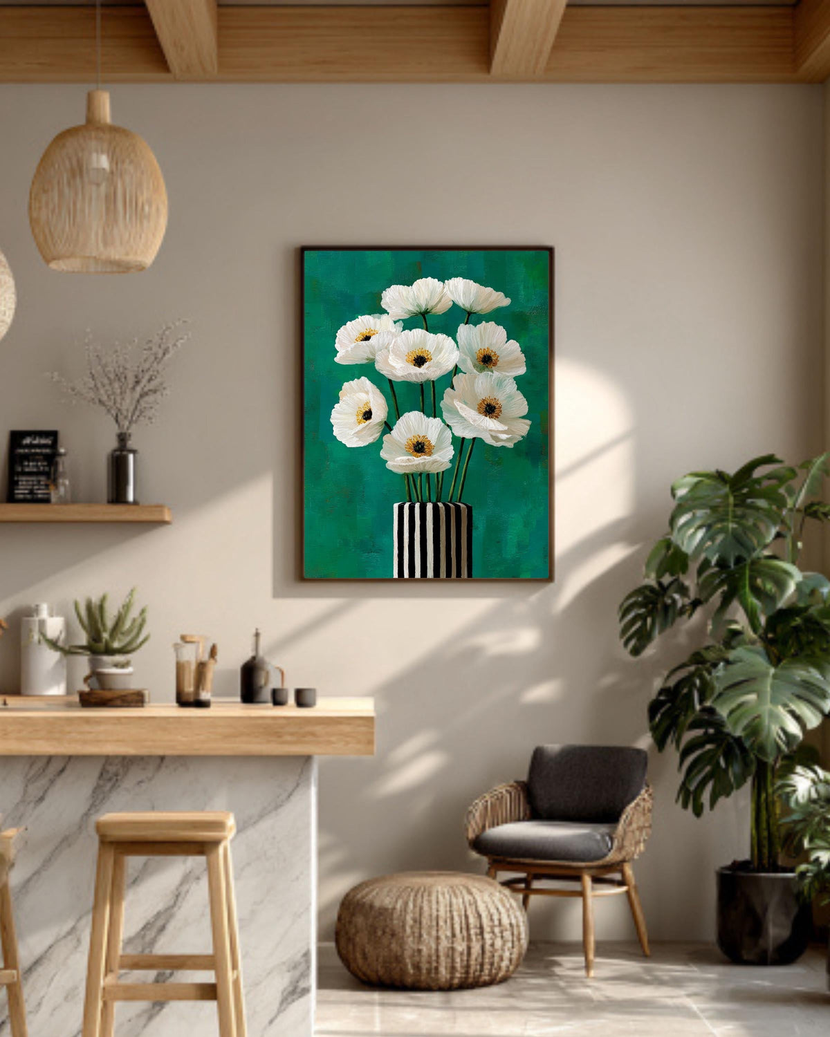 White Poppy Flowers Painting, Black and White Striped Vase Art, Teal Green Background Modern Floral Canvas Decor