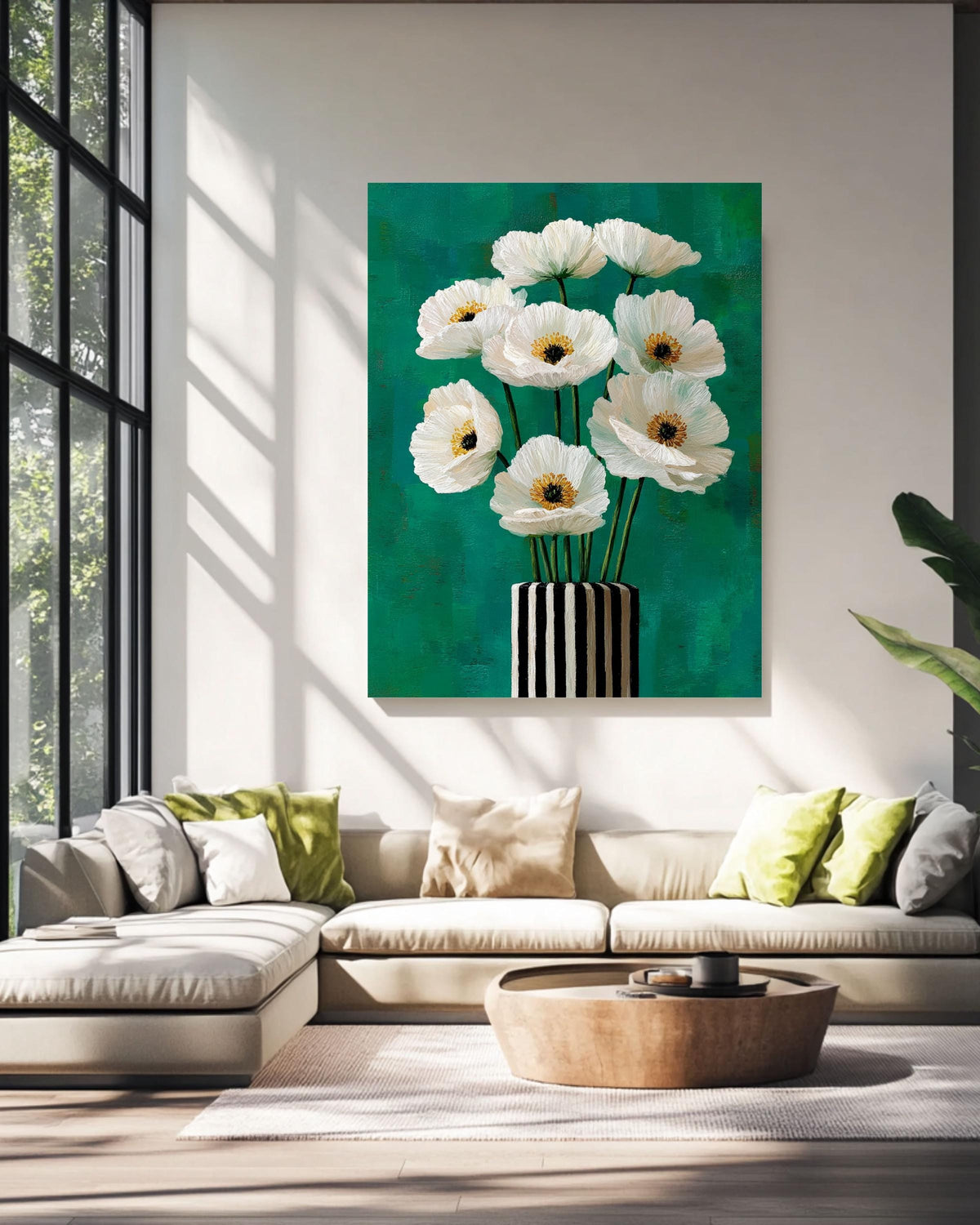 White Poppy Flowers Painting, Black and White Striped Vase Art, Teal Green Background Modern Floral Canvas Decor