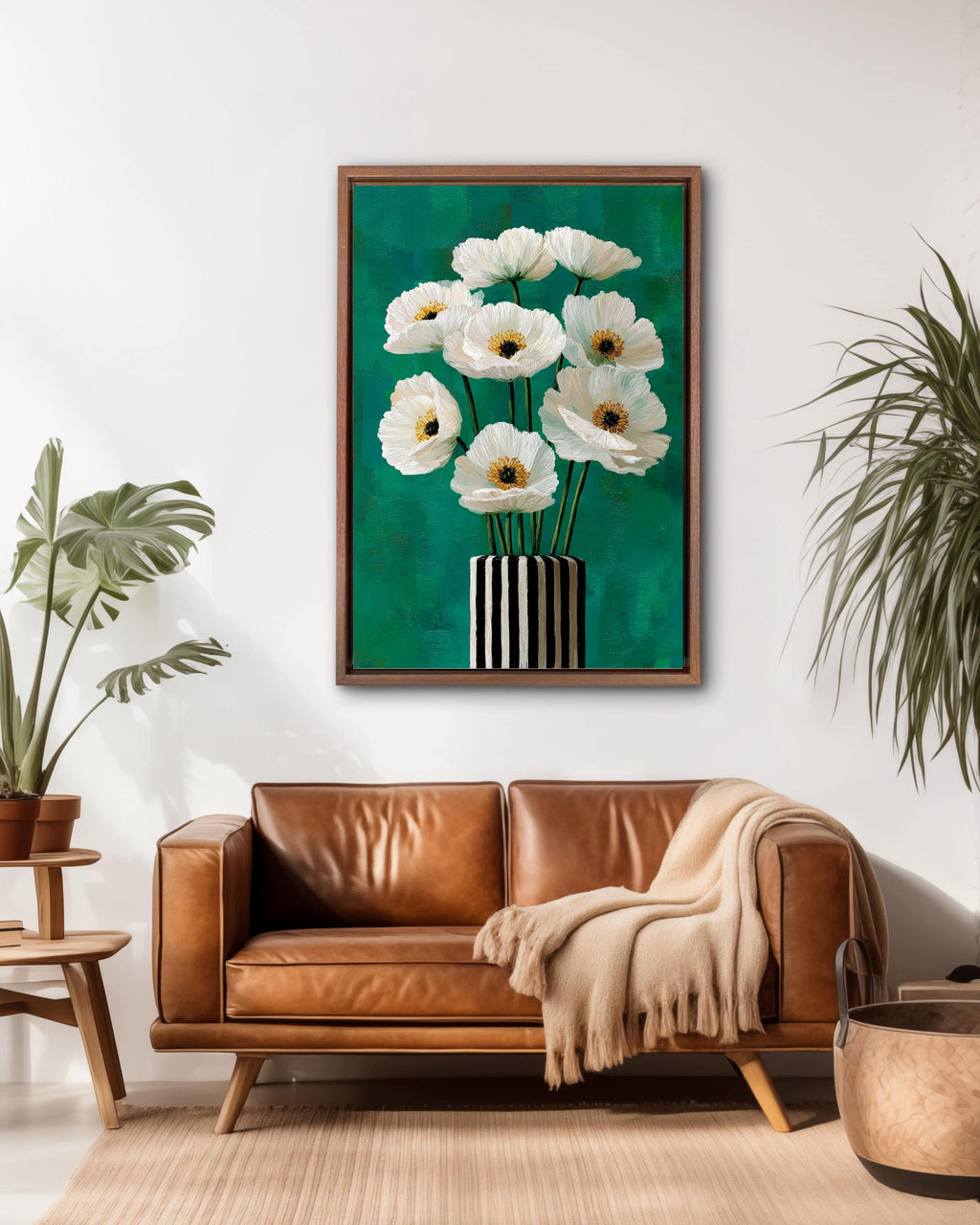 White Poppy Flowers Painting, Black and White Striped Vase Art, Teal Green Background Modern Floral Canvas Decor