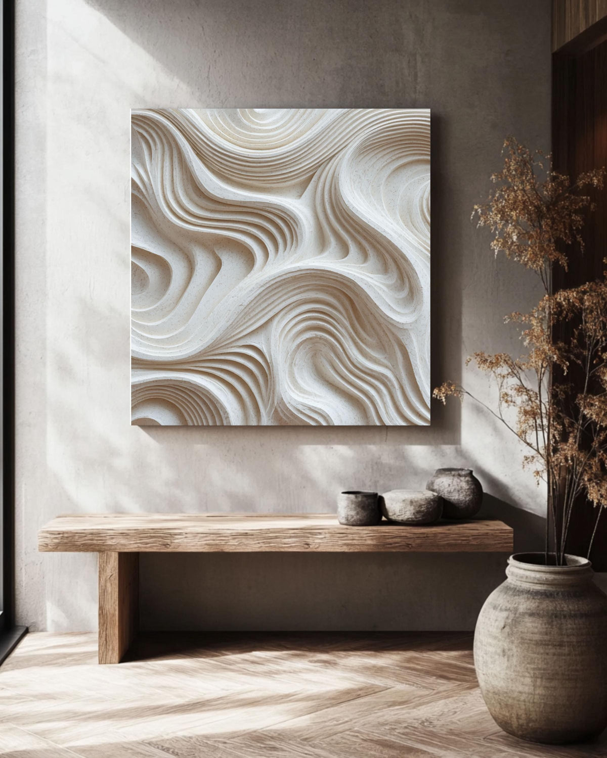 Minimalist Abstract 3D Carved Inspired Wall Art, Textured White Wavy Lines Sculpture Canvas Print, Modern Neutral Home Decor