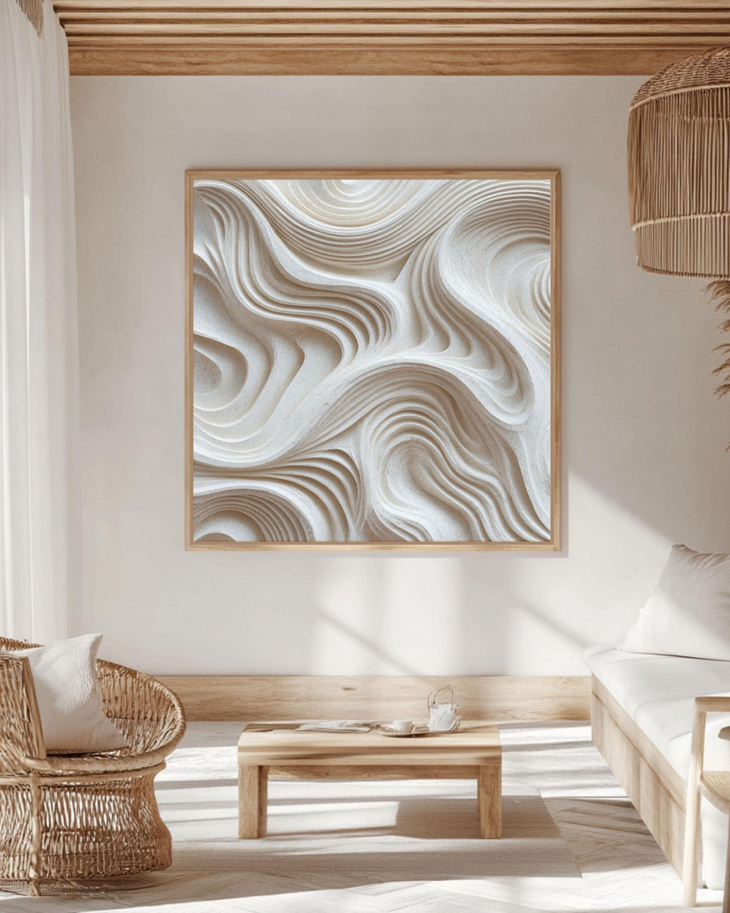 Minimalist Abstract 3D Carved Inspired Wall Art, Textured White Wavy Lines Sculpture Canvas Print, Modern Neutral Home Decor