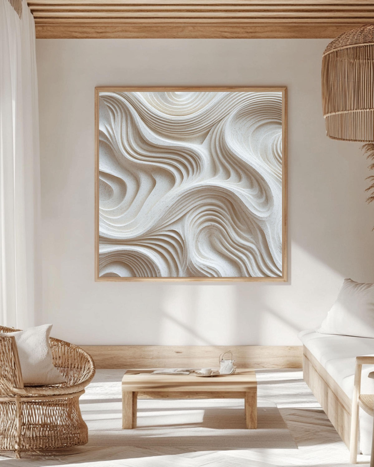 Minimalist Abstract 3D Carved Inspired Wall Art, Textured White Wavy Lines Sculpture Canvas Print, Modern Neutral Home Decor