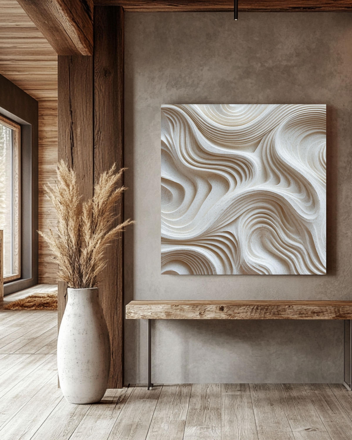 Minimalist Abstract 3D Carved Inspired Wall Art, Textured White Wavy Lines Sculpture Canvas Print, Modern Neutral Home Decor