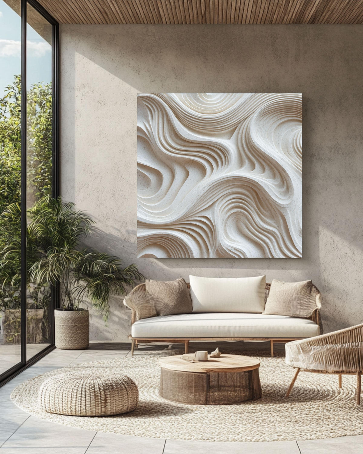 Minimalist Abstract 3D Carved Inspired Wall Art, Textured White Wavy Lines Sculpture Canvas Print, Modern Neutral Home Decor