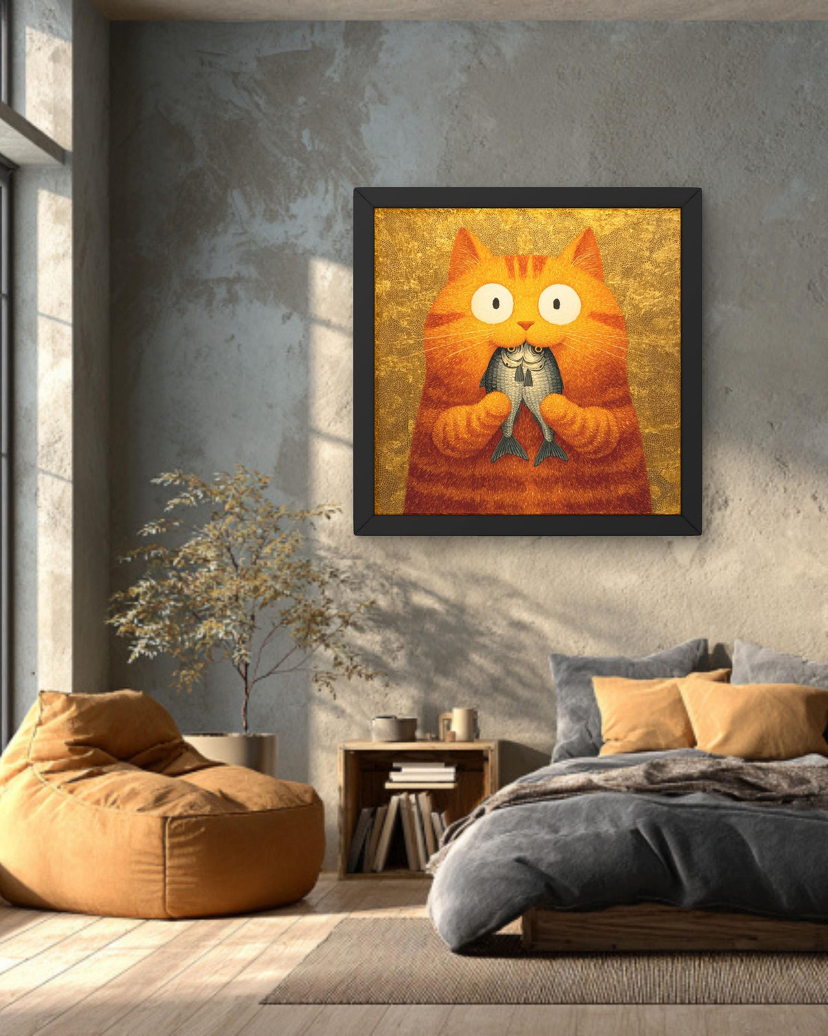 Orange Cat Painting Print, Whimsical Folk Art, Kitchen Wall Decor