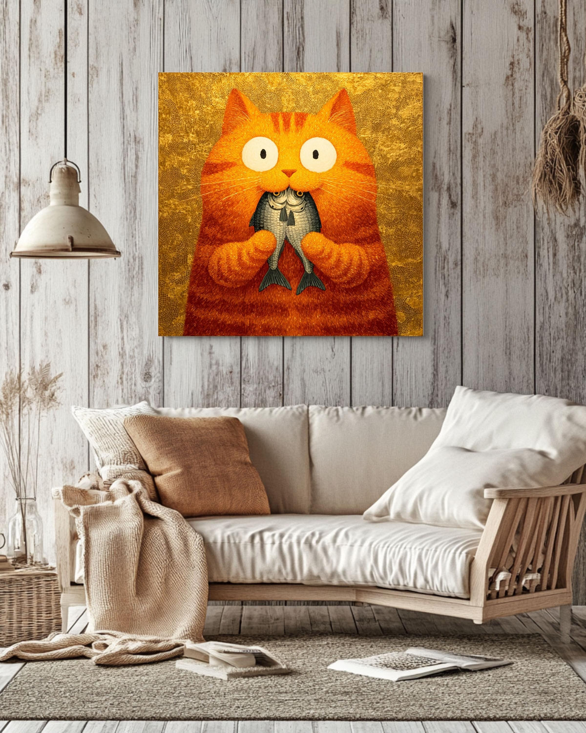 Orange Cat Painting Print, Whimsical Folk Art, Kitchen Wall Decor