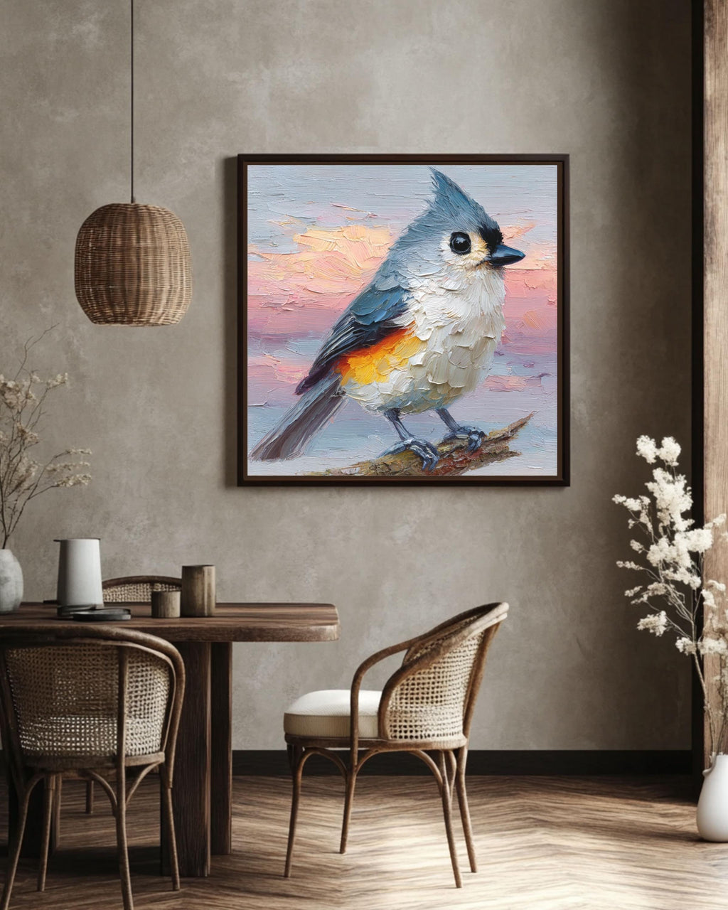 Tufted Titmouse Oil Painting Print: Impasto Bird Art, Pastel Sunset Sky