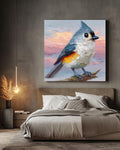 Tufted Titmouse Oil Painting Print: Impasto Bird Art, Pastel Sunset Sky