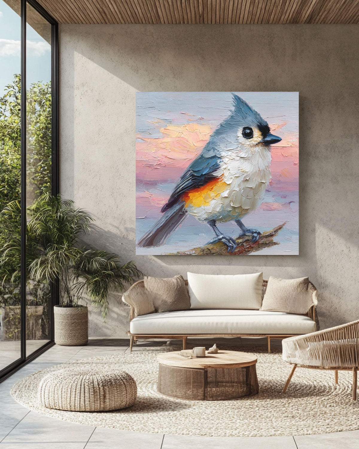 Tufted Titmouse Oil Painting Print: Impasto Bird Art, Pastel Sunset Sky