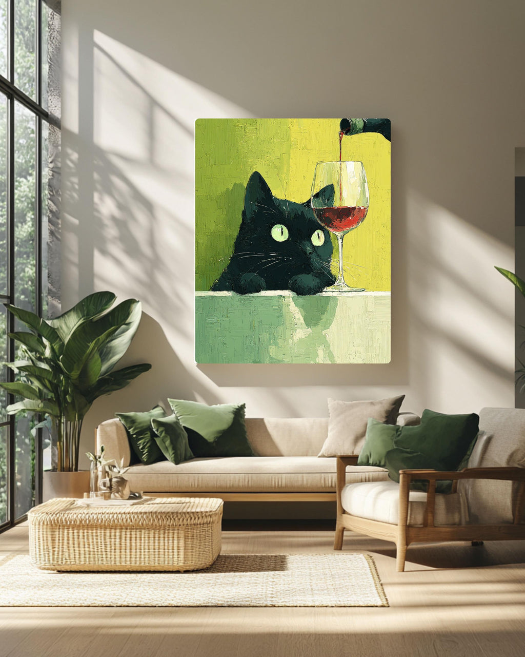 Funny Black Cat Wine Canvas Print: Quirky Kitchen Wall Art