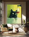 Funny Black Cat Wine Canvas Print: Quirky Kitchen Wall Art