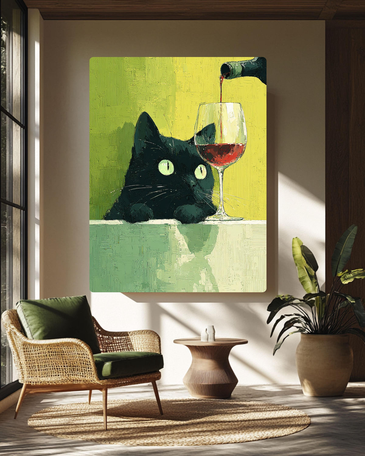 Funny Black Cat Wine Canvas Print: Quirky Kitchen Wall Art