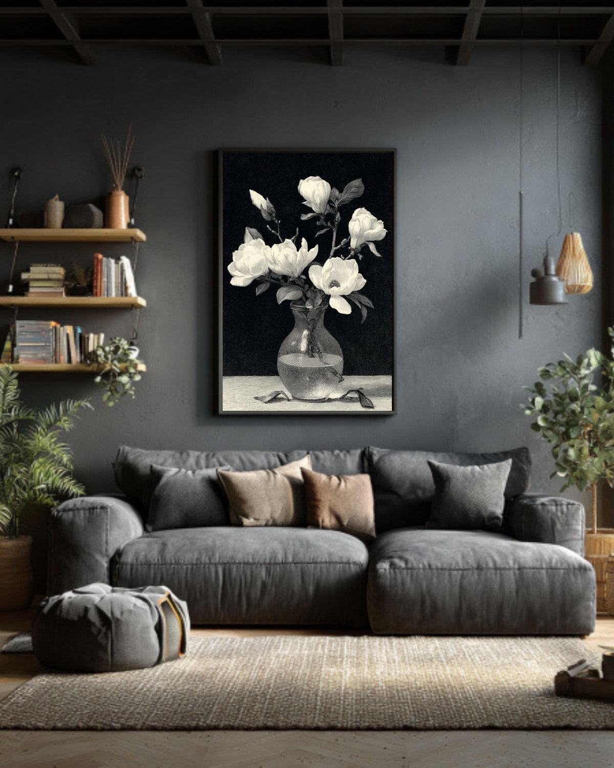 Magnolia Engraving Print: Botanical Sketch Canvas, Dark Academia Wall Art