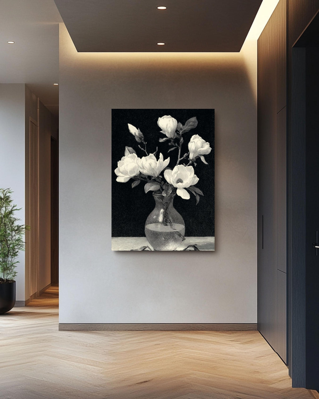 Magnolia Engraving Print: Botanical Sketch Canvas, Dark Academia Wall Art
