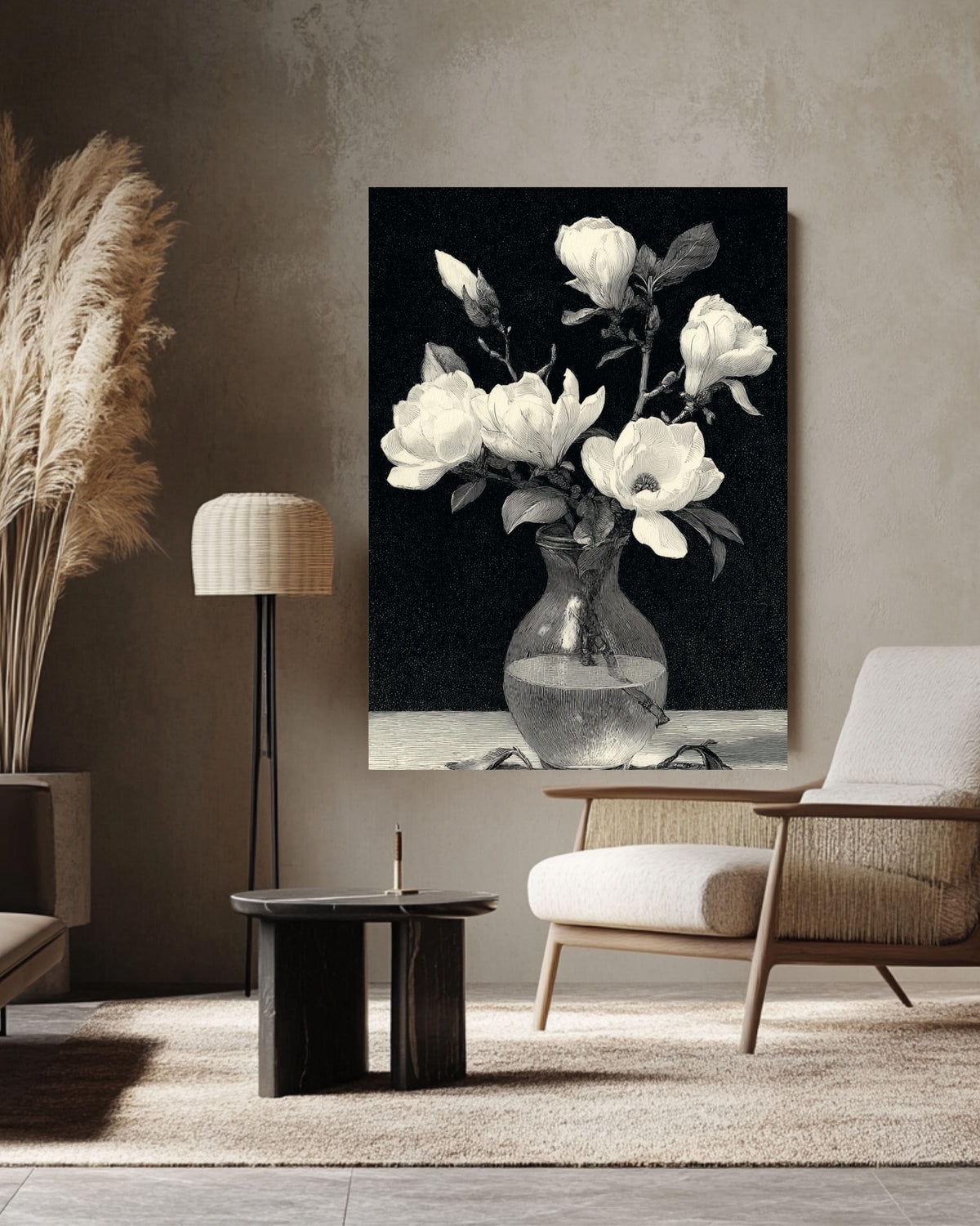 Magnolia Engraving Print: Botanical Sketch Canvas, Dark Academia Wall Art